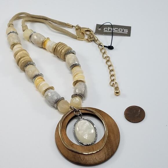 Chico's Beige Cream Gemstone Beaded Wood Necklace, New With Tags - Picture 7 of 8